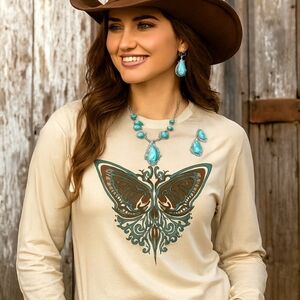 Western Butterfly Long Sleeve Tee – Boho Tribal Graphic, Beige